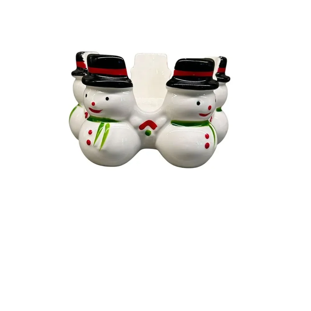 Vintage Christmas Snowman Candle Holder  3in. Pillar  5‎ Jolly Snowmen In a Ring